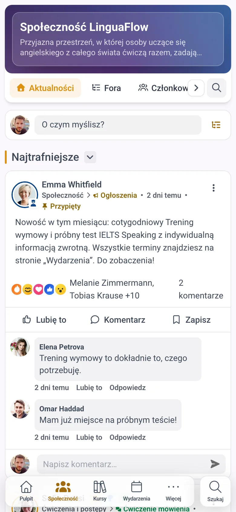 Społeczność członków w aplikacji