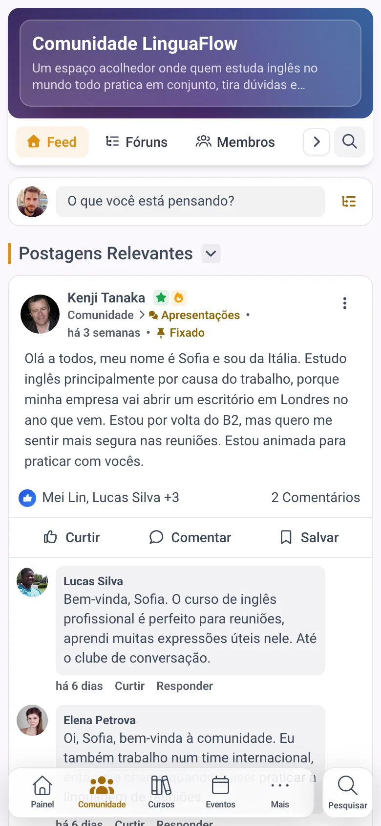 A comunidade de membros no app