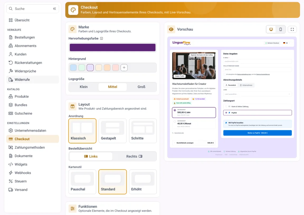 Checkout-Design in MemberArea mit Live-Vorschau der Kaufseite