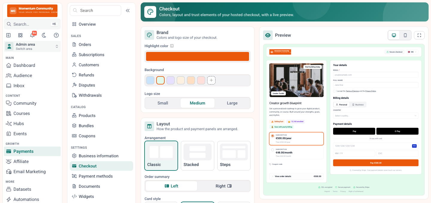 Checkout designer in MemberArea with brand colour, layout options and a live preview of the payment page