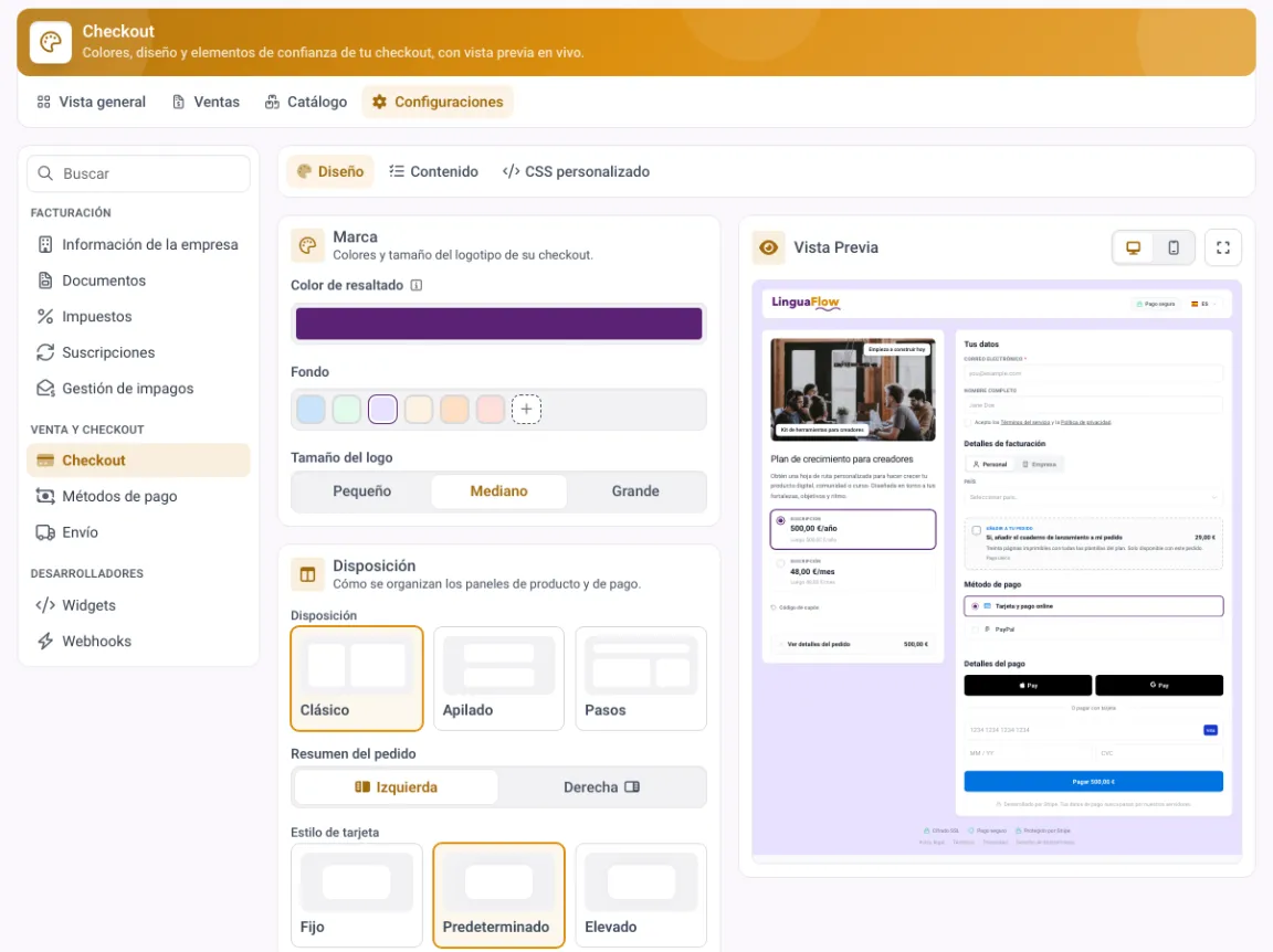 Diseñador del checkout en MemberArea con color de marca, opciones de diseño y una vista previa en directo de la página de pago