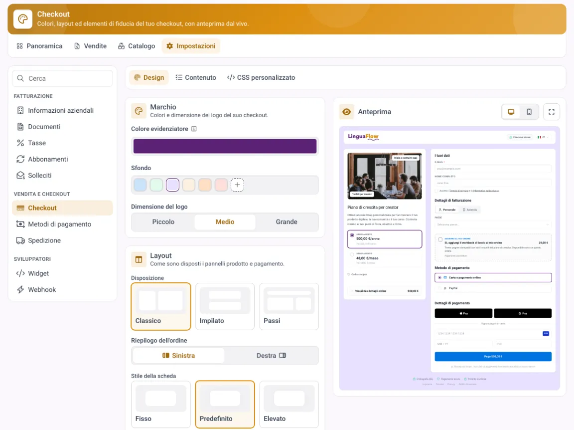 Editor del checkout in MemberArea con scelta dei colori, opzioni di layout e anteprima dal vivo della pagina di acquisto