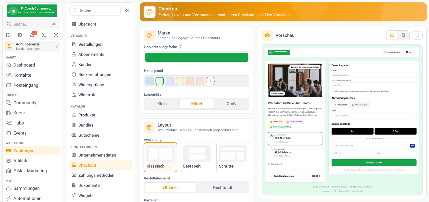 Checkout-Designer in MemberArea mit Farbwahl, Layout-Optionen und Live-Vorschau der Kaufseite