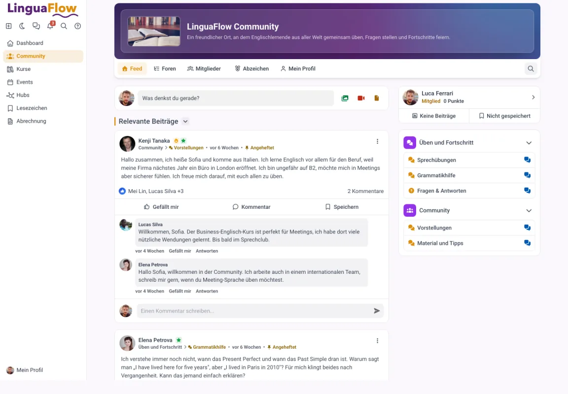 Community-Feed in MemberArea mit angepinnten Beiträgen und thematischen Foren