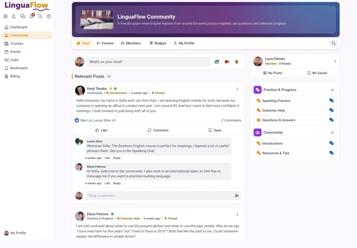 Community feed in MemberArea with pinned posts and topic-based forums