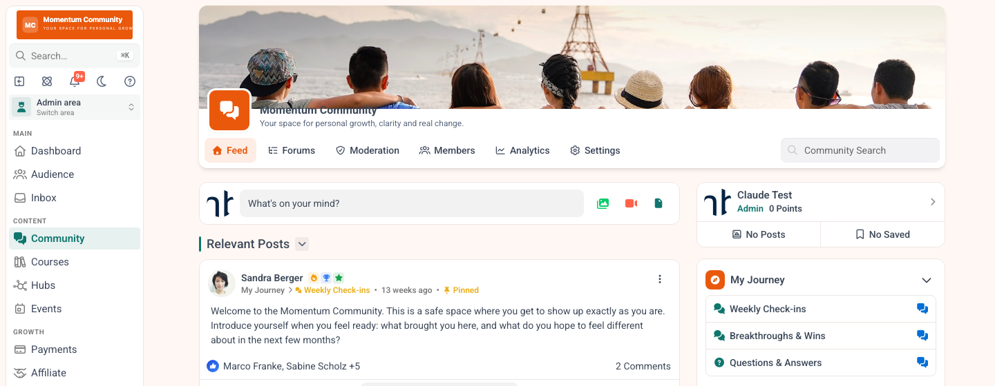 Community feed in MemberArea with pinned posts and topic-based forums