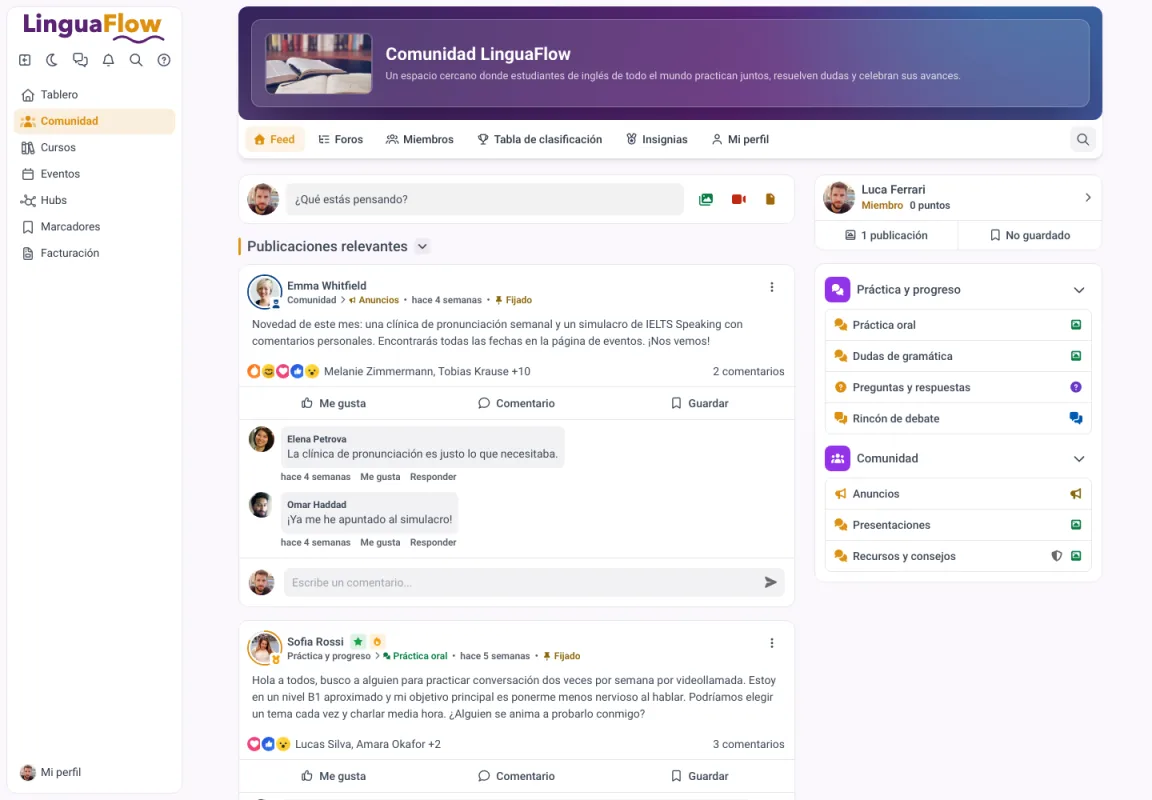 Feed de la comunidad en MemberArea con publicaciones fijadas y foros por tema