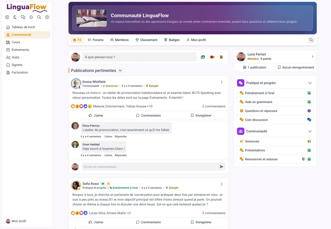 Fil de la communauté dans MemberArea avec publications épinglées et forums par thème
