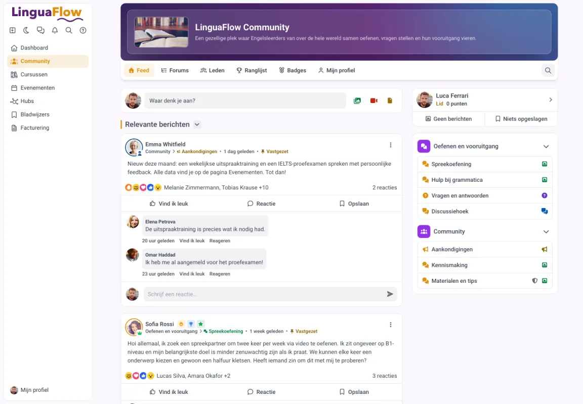 Communityfeed in MemberArea met vastgezette berichten en forums per onderwerp