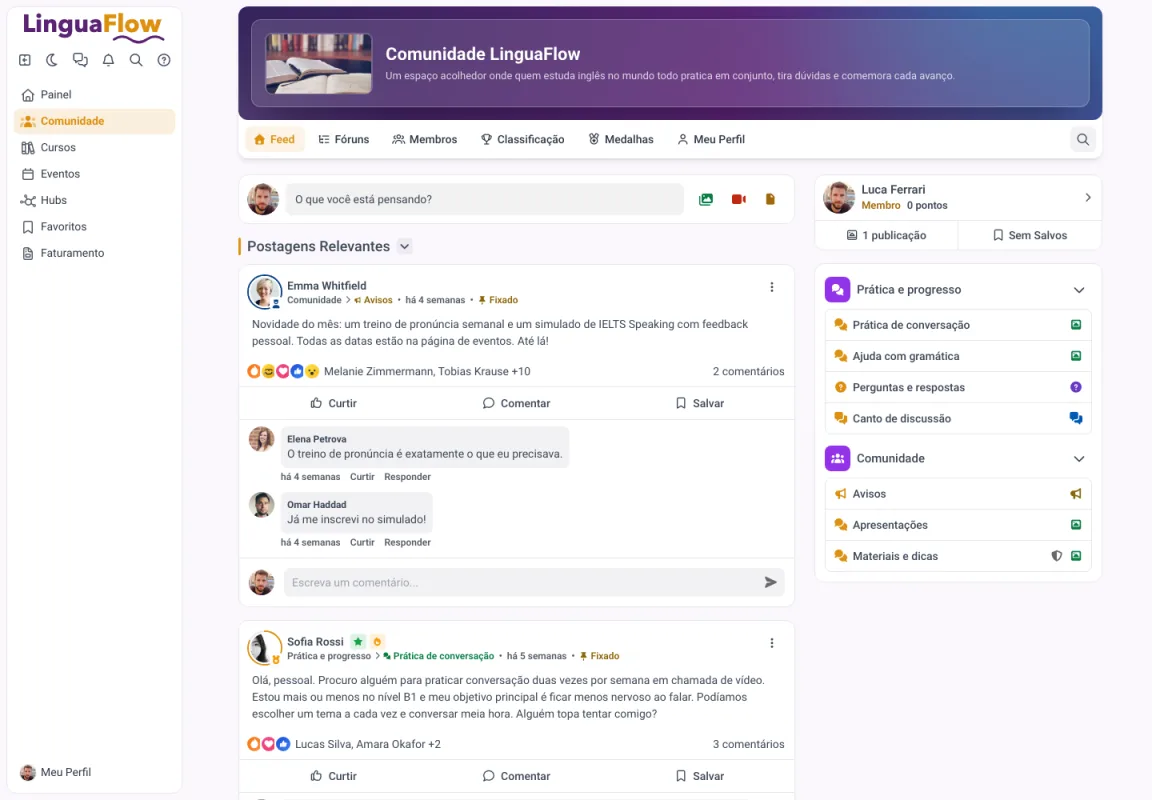 Feed da comunidade no MemberArea com posts fixados e fóruns por tema