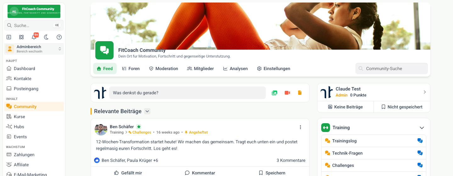 Community-Feed in MemberArea mit angehefteten Beiträgen und thematischen Foren