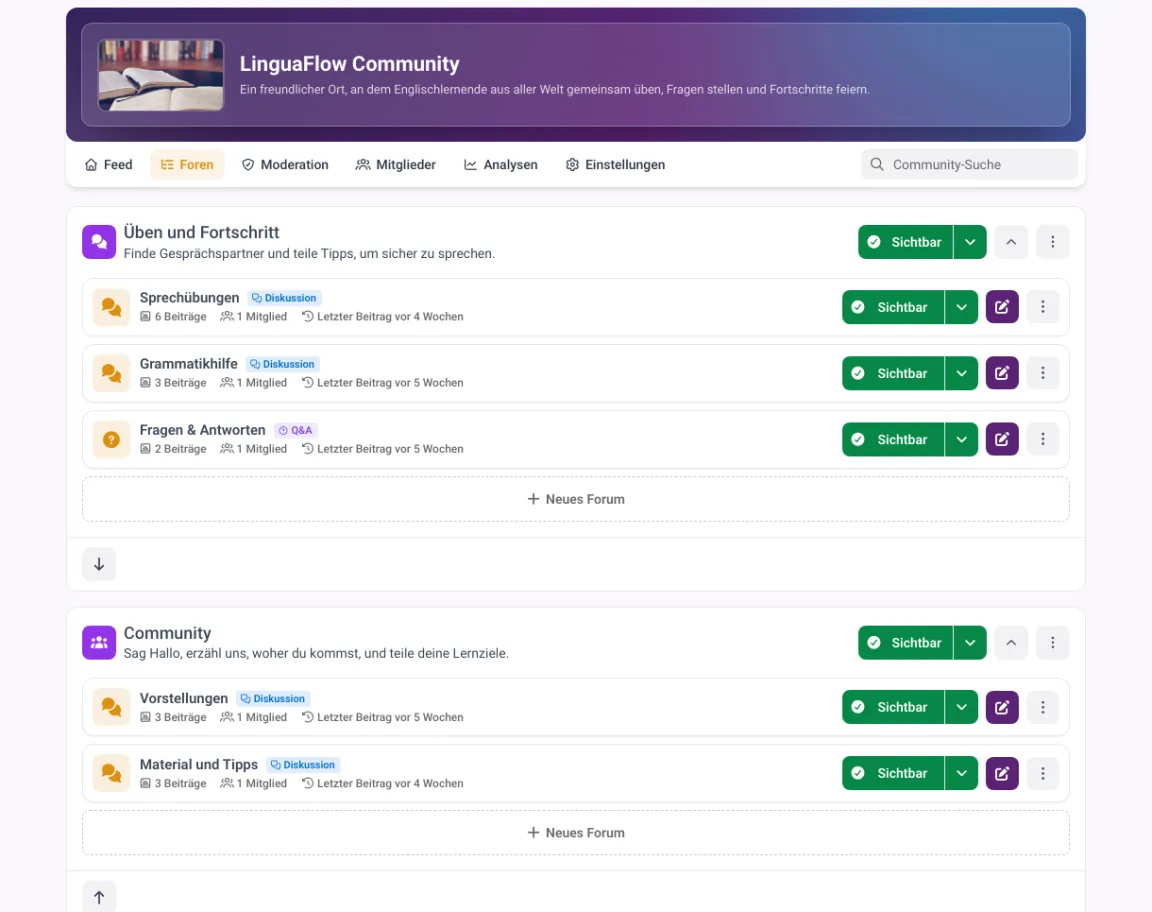 Community-Bereiche in MemberArea mit zwei Bereichen und ihren Foren, Beitragszahl und letztem Beitrag je Forum