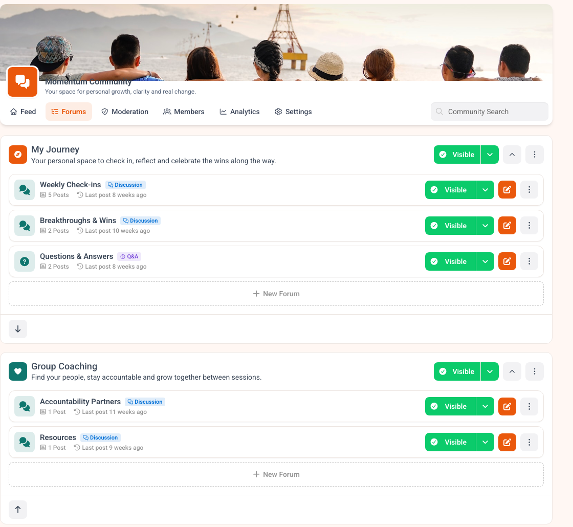 Community areas in MemberArea with two spaces and their forums, post counts and last post per forum