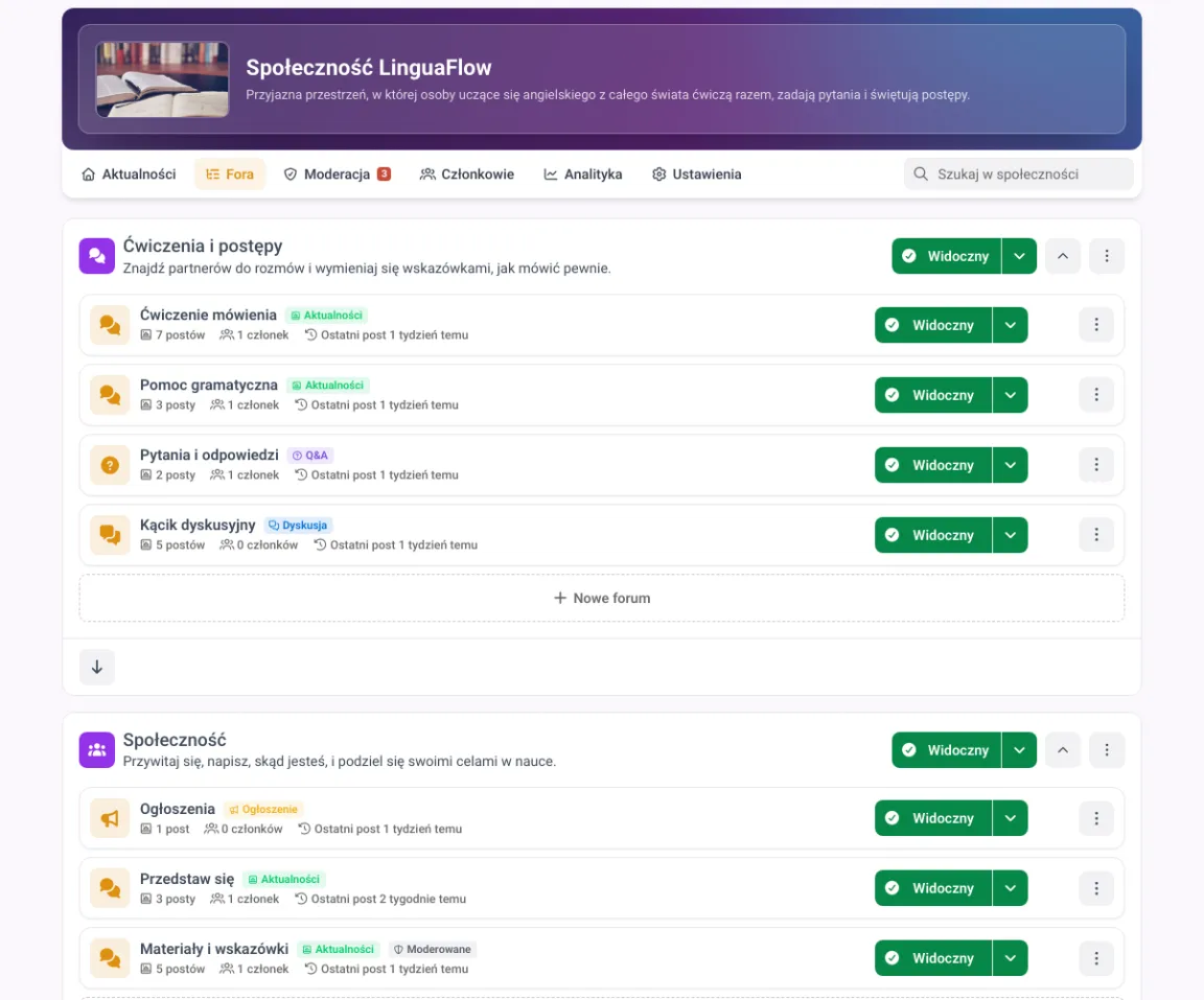 Społeczność w MemberArea z dwiema przestrzeniami i ich forami, liczbą postów i ostatnim postem na każdym forum