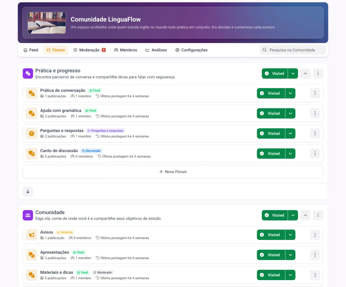Áreas de comunidade no MemberArea com dois espaços e seus fóruns, número de posts e último post por fórum