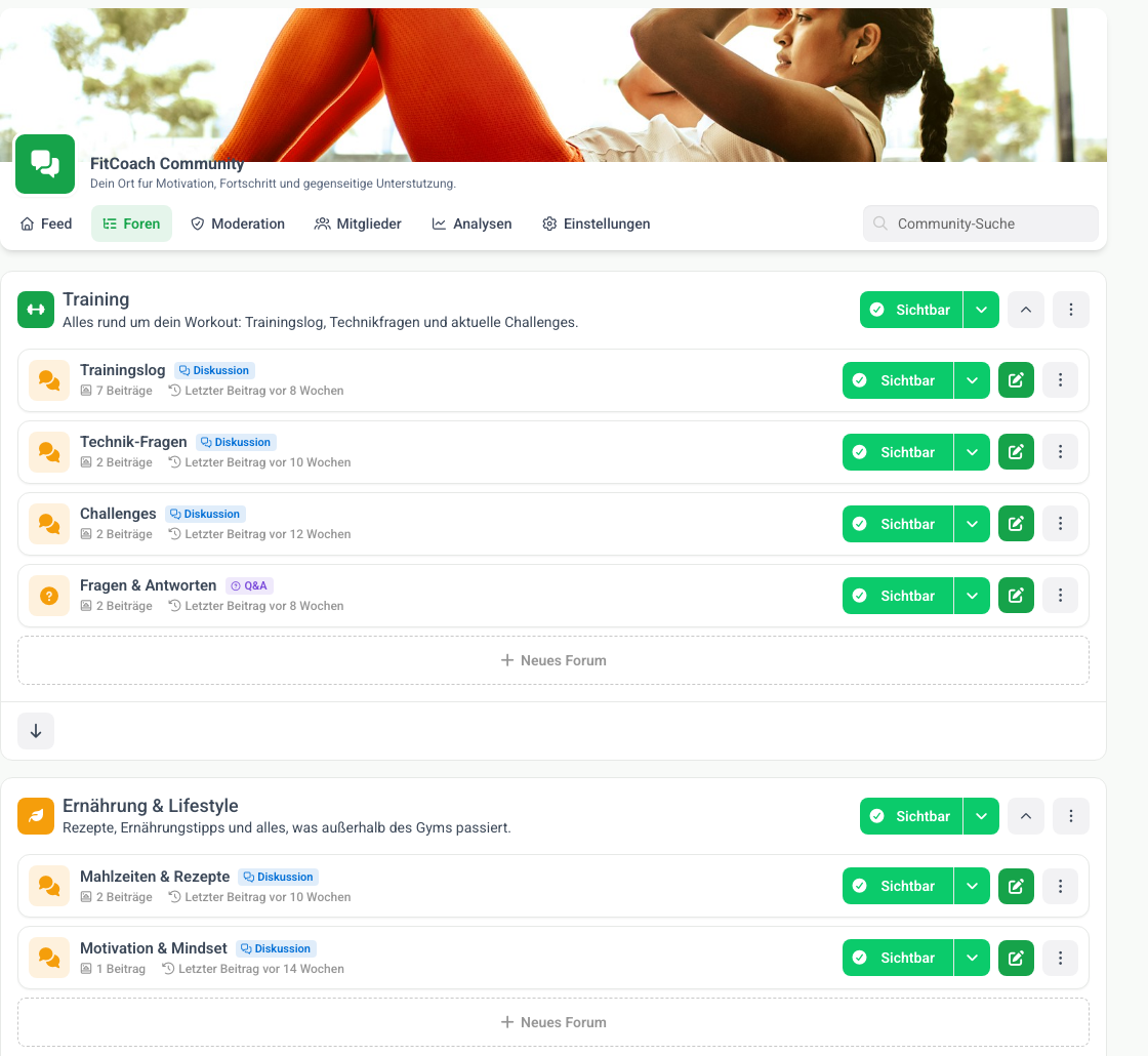 Community-Bereiche in MemberArea, jeder mit eigenem Zugriff und eigenem Feed