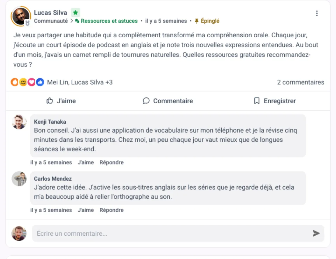 Publication de communauté dans MemberArea avec réactions, nombre de commentaires et deux réponses de membres en dessous