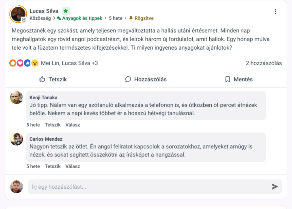 Közösségi bejegyzés a MemberAreában reakciókkal, a hozzászólások számával és alatta két tag válaszával