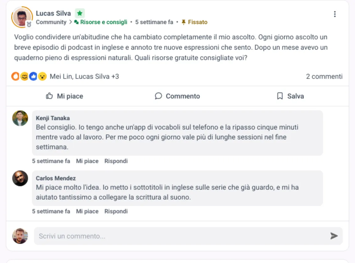 Post della community in MemberArea con reazioni, numero di commenti e due risposte di iscritti sotto