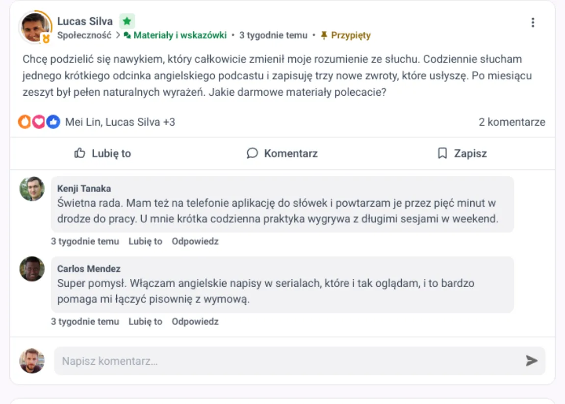 Post w społeczności MemberArea z reakcjami, liczbą komentarzy i dwiema odpowiedziami członków pod spodem