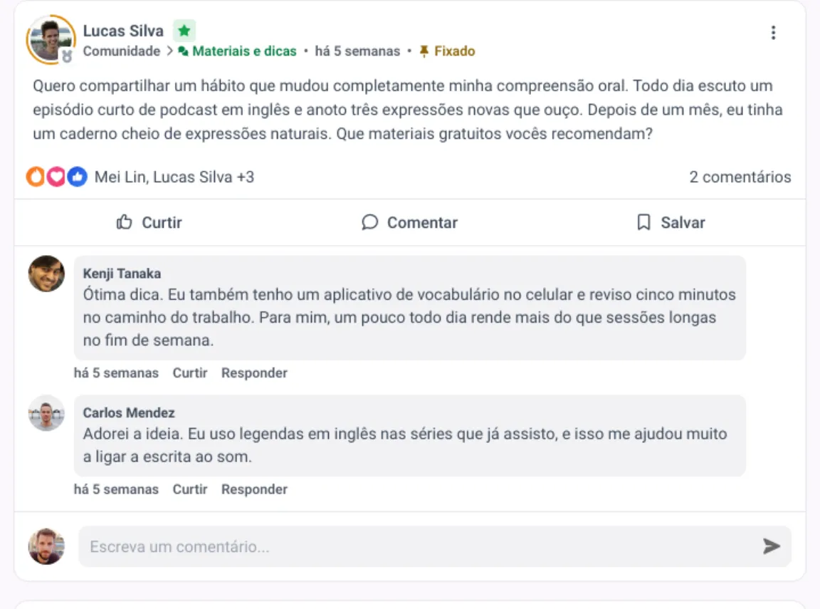 Post da comunidade no MemberArea com reações, número de comentários e duas respostas de membros abaixo