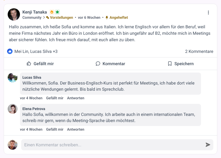 Community-Beitrag in MemberArea mit Reaktionen, Kommentarzahl und Antworten von Mitgliedern