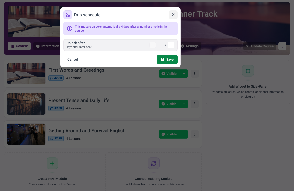 Drip schedule dialog in MemberArea with the setting unlock after seven days after enrolment