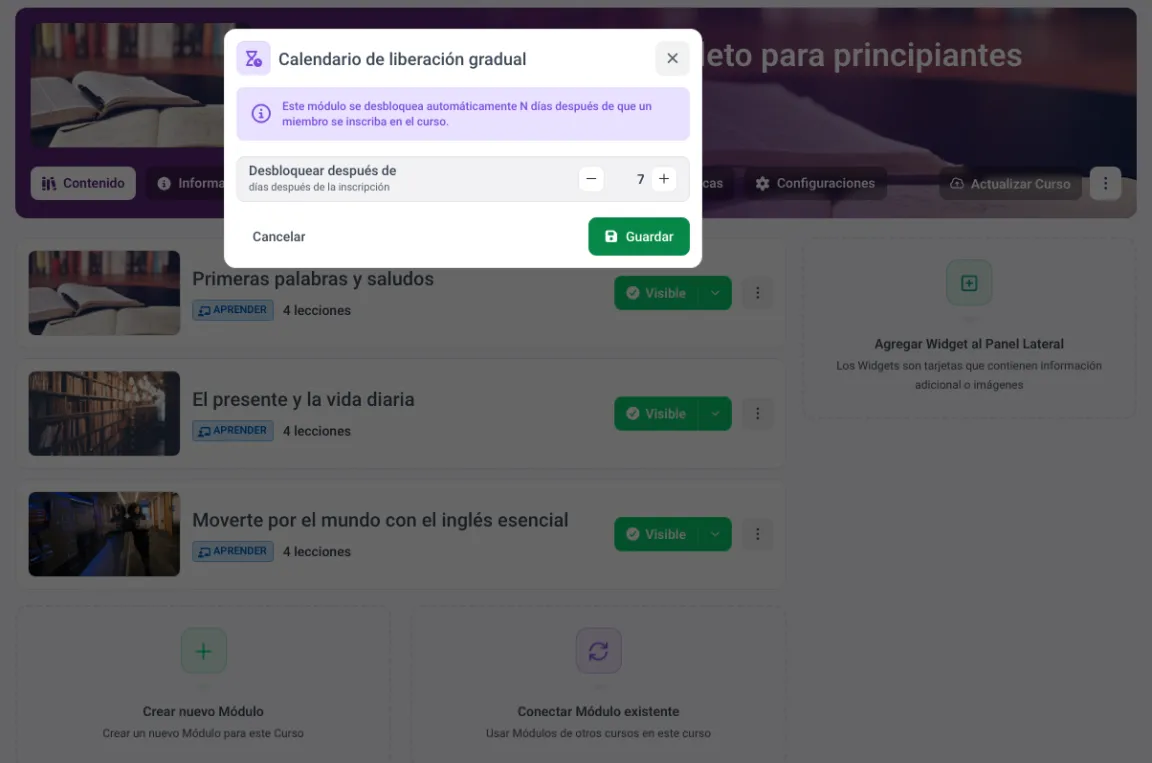 Diálogo de contenido programado en MemberArea con el ajuste de desbloqueo siete días después de la inscripción