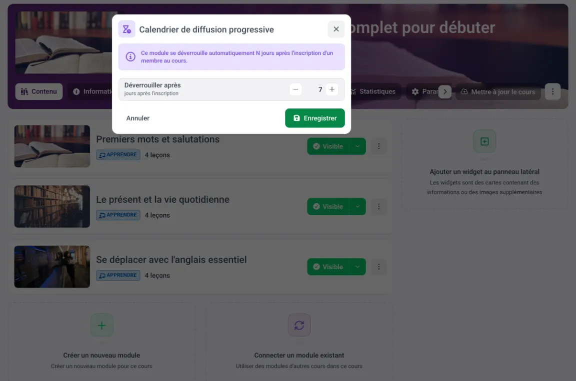 Fenêtre de planification du contenu programmé dans MemberArea avec le réglage déblocage sept jours après l’inscription