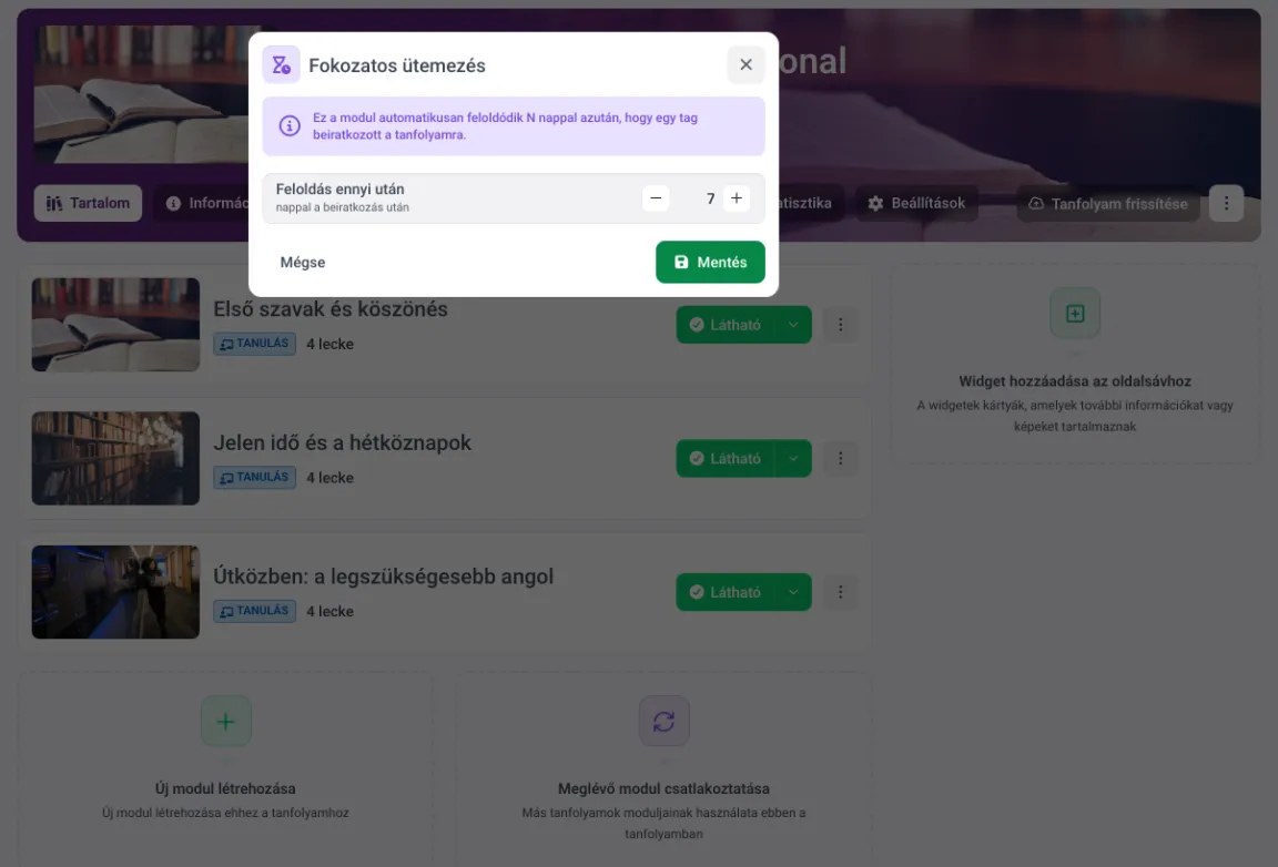 A feloldási ütemezés párbeszédablaka a MemberAreában, a beiratkozás után hét nappal történő feloldás beállításával