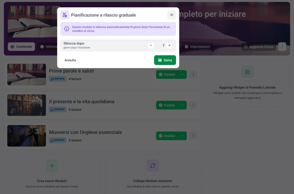 Finestra del rilascio graduale in MemberArea con l'impostazione di sblocco sette giorni dopo l'iscrizione