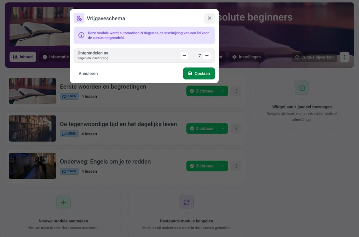 Dialoogvenster voor gefaseerde vrijgave in MemberArea met de instelling vrijgeven zeven dagen na de inschrijving