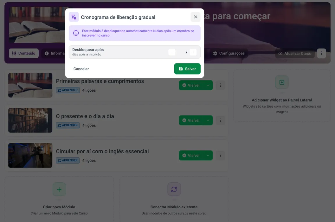 Janela de cronograma de liberação no MemberArea com a configuração liberar sete dias após a inscrição
