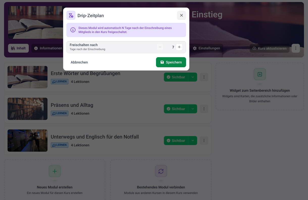 Drip-Dialog in MemberArea mit der Einstellung Freischaltung sieben Tage nach Kursbeitritt