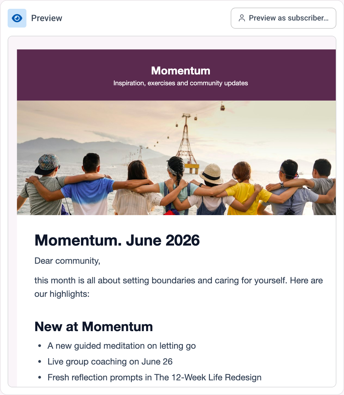 Preview of an email campaign in MemberArea: the rendered newsletter with brand header, image and text sections