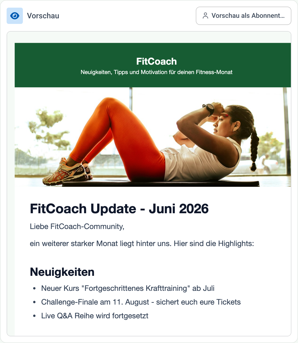 Vorschau einer E-Mail-Kampagne in MemberArea: gerenderter Newsletter mit Markenkopf, Bild und Textabschnitten