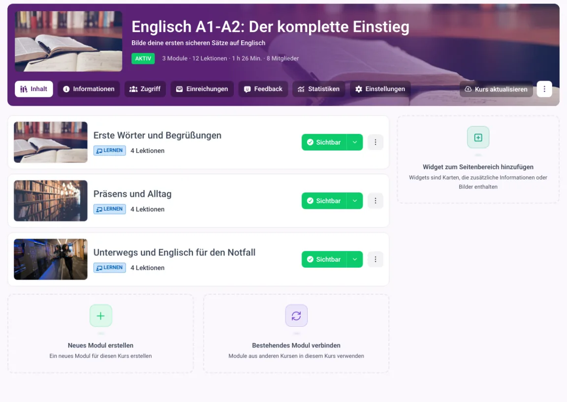 Kursaufbau in MemberArea mit Modulen und der Anzahl Lektionen je Modul