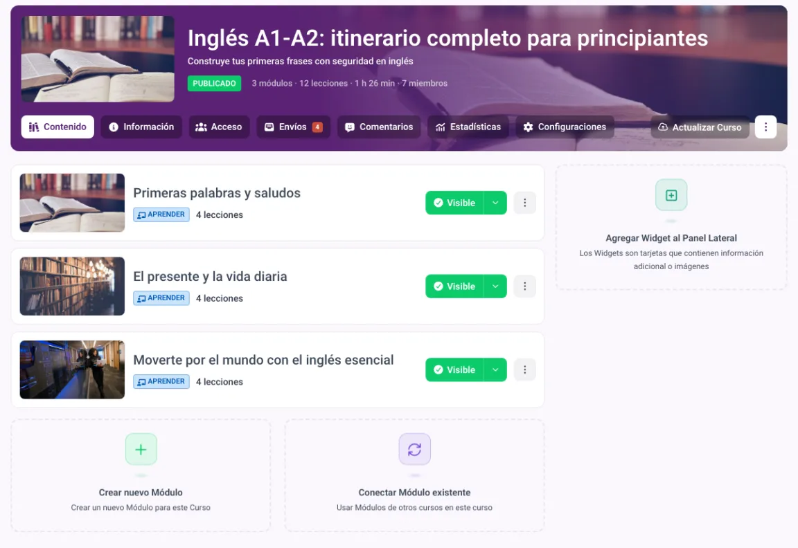 Estructura de un curso en MemberArea: la cabecera del curso con el número de módulos, lecciones y miembros sobre la tarjeta del módulo con sus lecciones