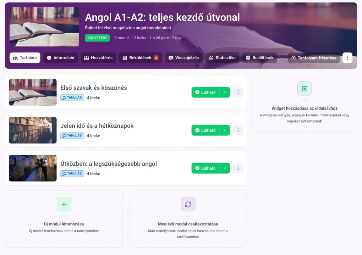 Kurzusszerkezet a MemberAreában modulokkal és modulonként a leckék számával