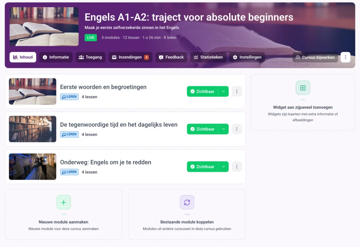 Cursusmodules in MemberArea, elk met de bijbehorende lessen eronder