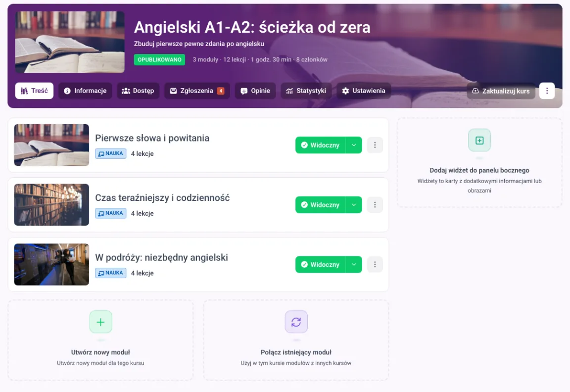 Struktura kursu w MemberArea z modułami i liczbą lekcji w każdym module