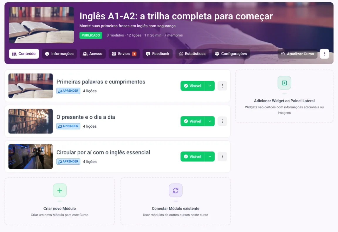 Módulos de curso no MemberArea com as aulas listadas abaixo de cada módulo