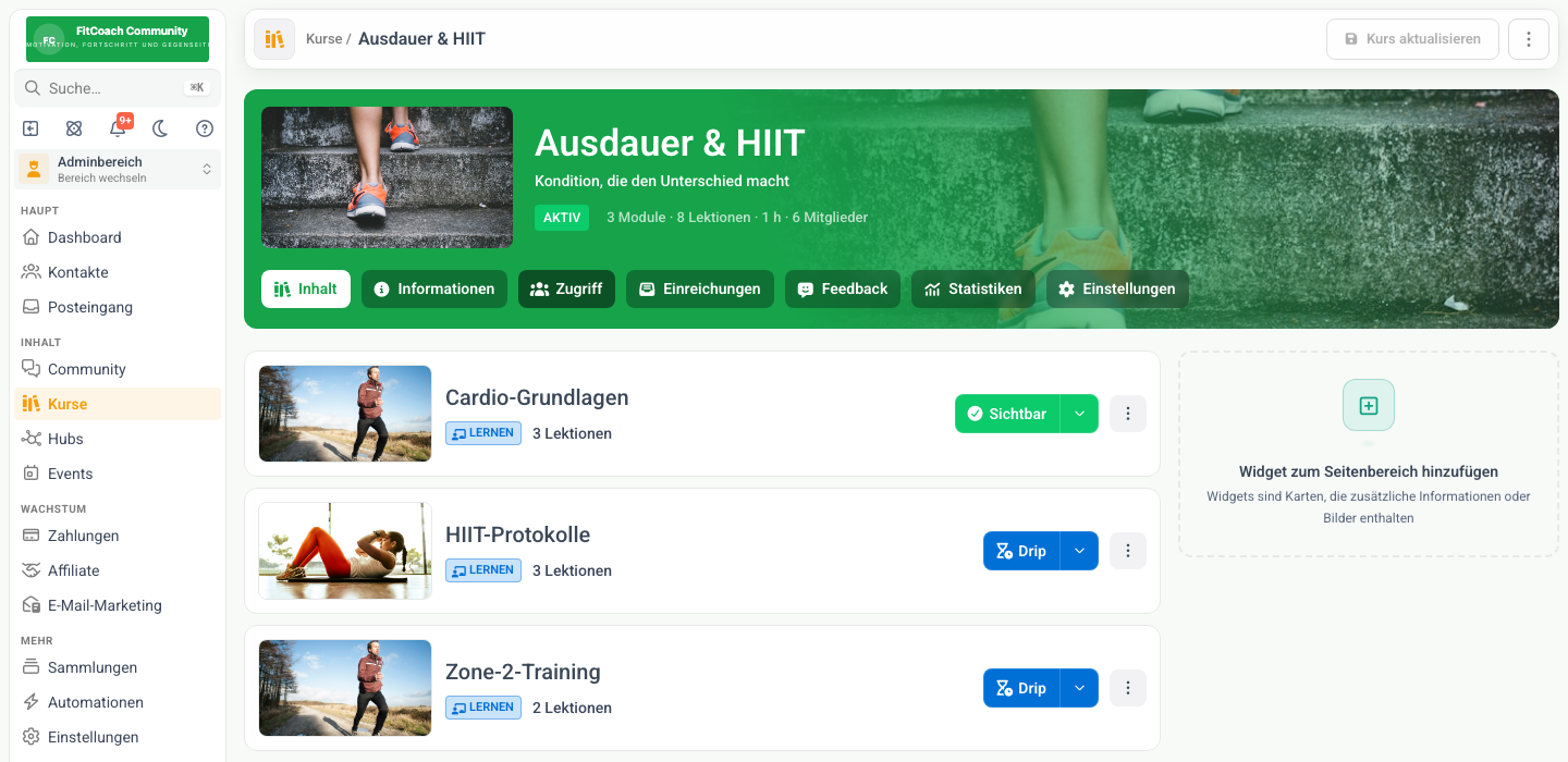 Kursaufbau in MemberArea mit drei Modulen und der Anzahl Lektionen je Modul