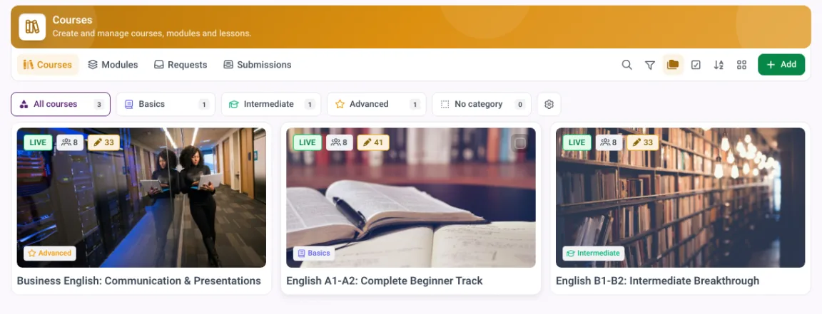 Course list in MemberArea with categories, member counts and last edit per course