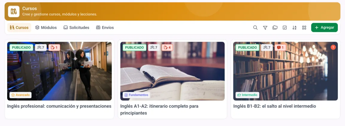 Lista de cursos en MemberArea con categorías, número de miembros y última edición de cada curso