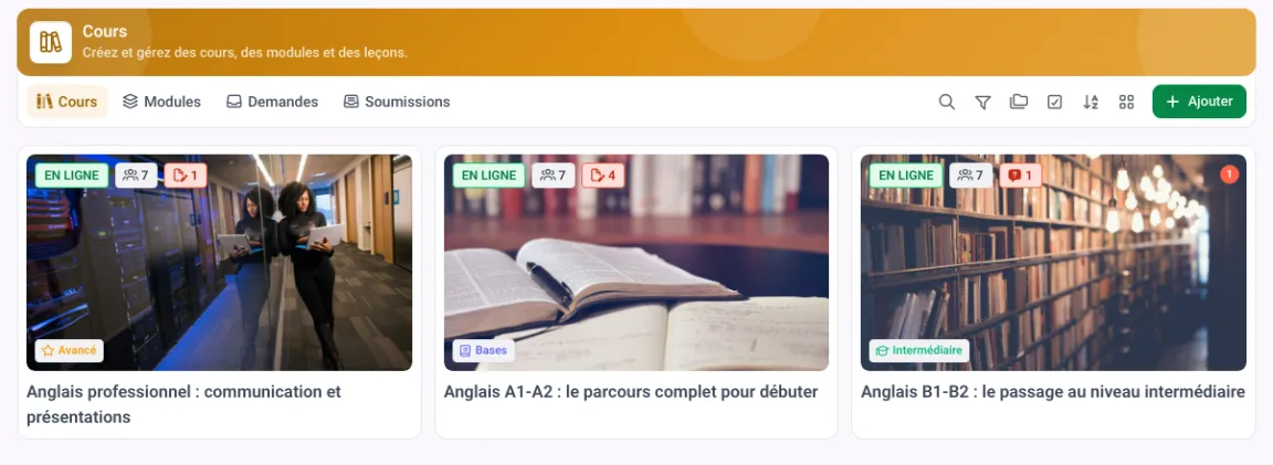 Liste des formations dans MemberArea avec catégories, nombre de membres et dernière modification par formation