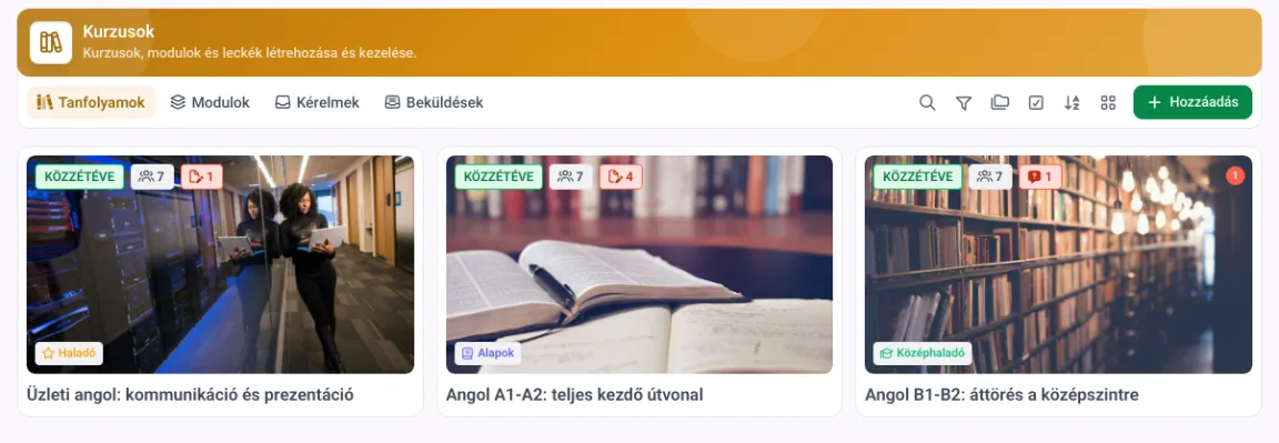 Kurzuslista a MemberAreában kategóriákkal, kurzusonként a tagok számával és az utolsó szerkesztéssel