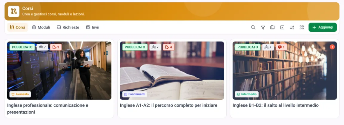 Elenco dei corsi in MemberArea con categorie, numero di iscritti e ultima modifica per corso