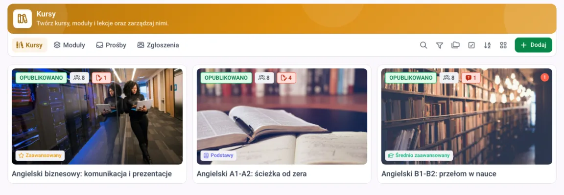Lista kursów w MemberArea z kategoriami, liczbą członków i datą ostatniej edycji każdego kursu