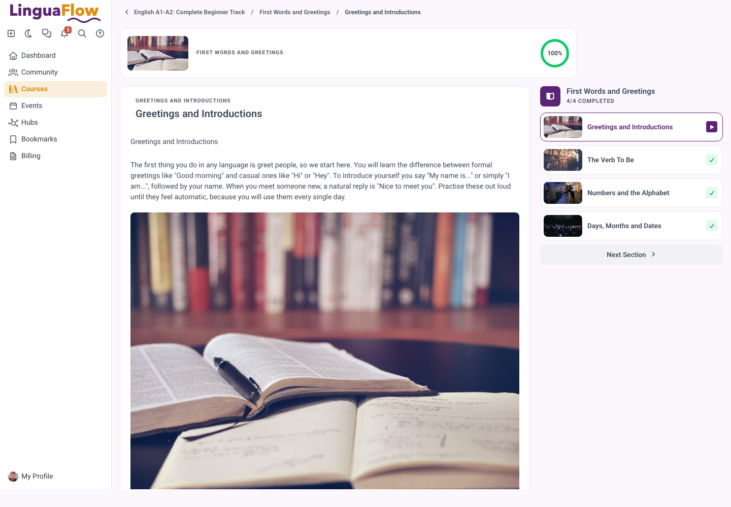 Lesson view in MemberArea from a student perspective with module progress, lesson text and the list of lessons in the section